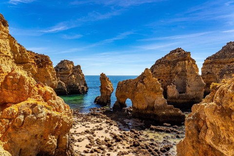 Ponta da Piedade rocky coast, rugged coastal landscape, right next to the centre of Lagos, in the