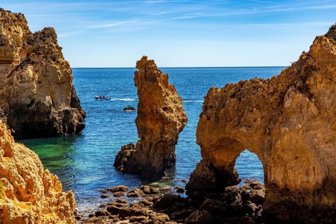 Ponta da Piedade rocky coast, rugged coastal landscape, right next to the centre of Lagos, in the