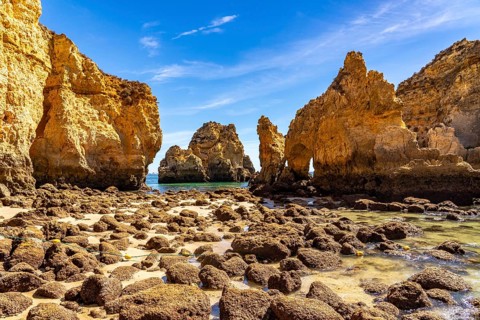 Ponta da Piedade rocky coast, rugged coastal landscape, right next to the centre of Lagos, in the