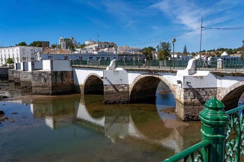 The seven-arched bridge over the Rio Gilão, in Tavira, old town, in the east of the Algarve,