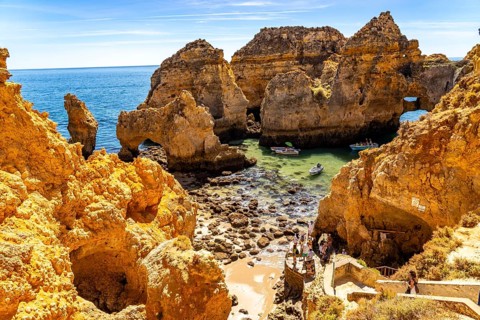 Ponta da Piedade rocky coast, rugged coastal landscape, right next to the centre of Lagos, in the