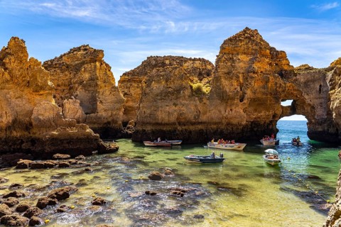 Ponta da Piedade rocky coast, rugged coastal landscape, right next to the centre of Lagos, in the