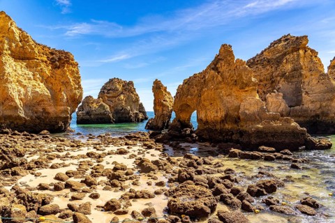 Ponta da Piedade rocky coast, rugged coastal landscape, right next to the centre of Lagos, in the