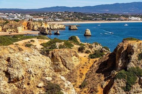 Ponta da Piedade rocky coast, rugged coastal landscape, right next to the centre of Lagos, in the