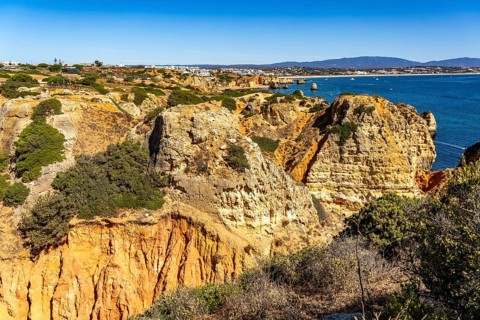 Ponta da Piedade rocky coast, rugged coastal landscape, right next to the centre of Lagos, in the