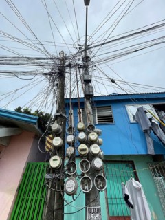 Infrastructure, energy supply, electricity, power lines, electricity meters of various houses, San