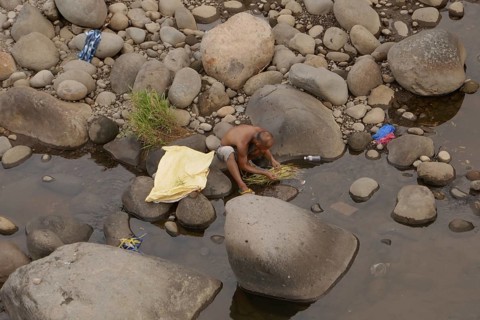 Man washing vegetables in the river, Negros Occidental, Philippines