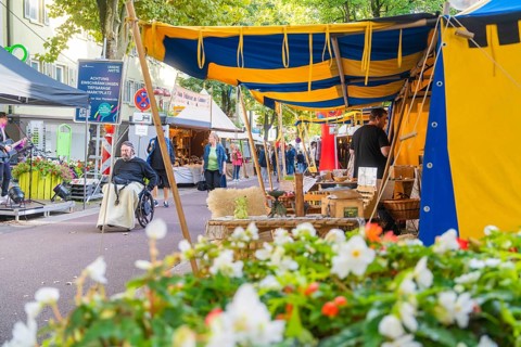 Colourful market scene with tents, flowers and people in motion, Sindelfingen, Böblingen district,