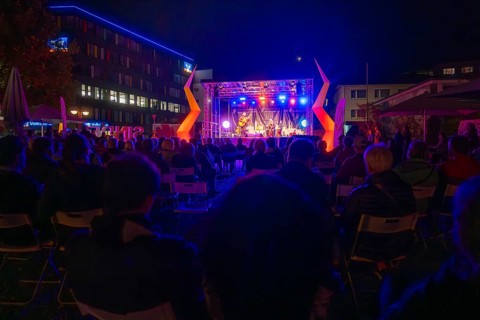 Concert stage illuminated at night with audience and atmospheric lighting effects, Sindelfingen,