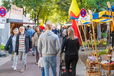 People strolling through an autumnal market with various colourful stalls, Sindelfingen, Böblingen