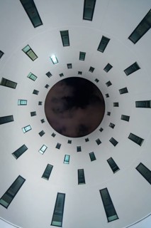 View of futuristic building with concentric window circles, Munich, Germany