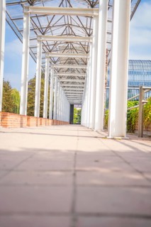 Colonnade with translucent structure and light-coloured floor, Munich, Germany