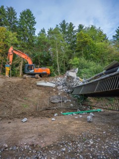 An excavator is demolishing a bridge in a wooded area, bridge demolition, Calw, Germany