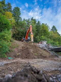 An excavator lifts earth on a slope in a forest under a blue sky, bridge demolition, Calw, Germany