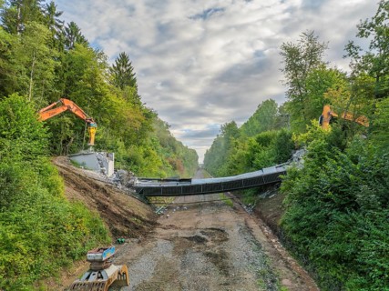 Excavators on both sides of a bridge during demolition work, surrounded by forest under a cloudy