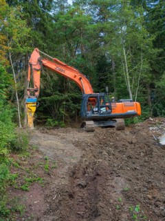 An orange excavator working on a wooded slope, bridge demolition, Calw, Germany