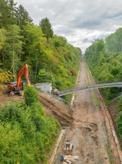A single excavator during demolition work on a bridge section, next to a straight forest road,