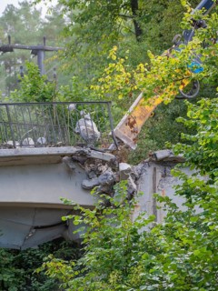 An excavator tears down a bridge, railing surrounded by trees and leaves, bridge demolition, Calw,