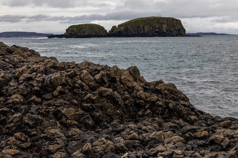 Rocky coast, offshore islands, Ballintoy Harbour, Causeway Coastal Route, Antrim, Northern Ireland,