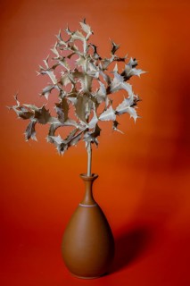Dried spiky plant in a terracotta vase on a vibrant orange background, creating a minimalist still