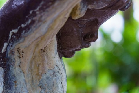 Close-up of a weathered statue's face, showing signs of age and decay, set against a blurred