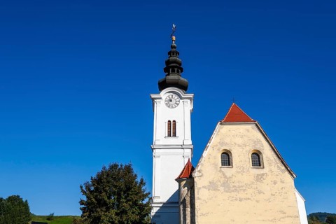 Renovated church tower, Holy Trinity Church, Trofaiach, Styria, Austria