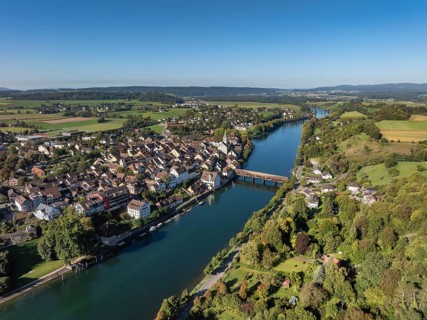 Aerial view of Diessenhofen with the historic wooden bridge over the Rhine, Canton Thurgau,