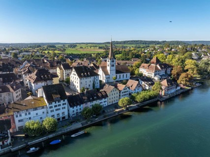 Aerial view of the old town centre of Diessenhofen am Rhein, Canton Thurgau, Switzerland