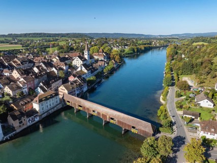 Aerial view of Diessenhofen with the historic wooden bridge over the Rhine, Canton Thurgau,