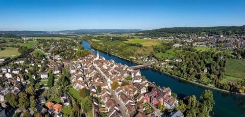 Aerial view, panorama of Diessenhofen with the historic wooden bridge over the Rhine, on the right