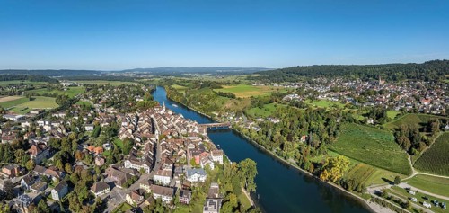 Aerial view, panorama of Diessenhofen with the historic wooden bridge over the Rhine, on the right