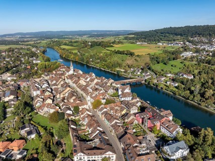 Aerial view of Diessenhofen with the historic wooden bridge over the Rhine, Canton Thurgau,