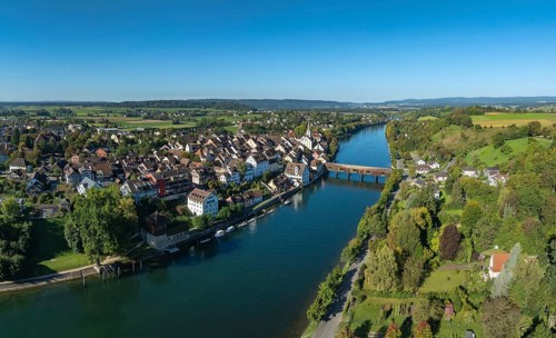 Aerial view, panorama of Diessenhofen with the historic wooden bridge over the Rhine, Canton