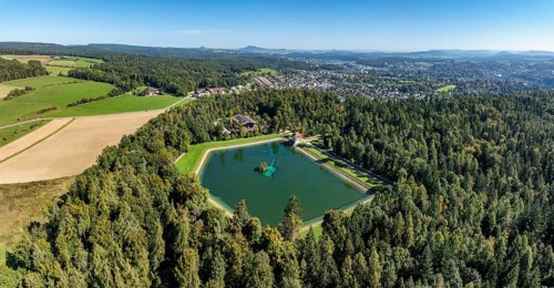 Aerial view, panorama of the Engeweiher above Schaffhausen, built in 1907 and the first pumped