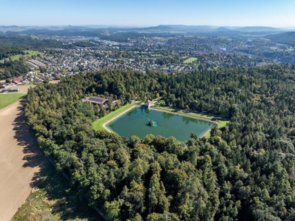 Aerial view of the Engeweiher above Schaffhausen, built in 1907 and the first pumped storage plant