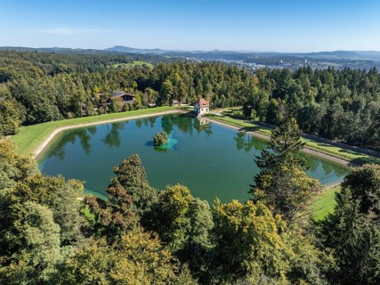 Aerial view of the Engeweiher above Schaffhausen, built in 1907 and the first pumped storage plant