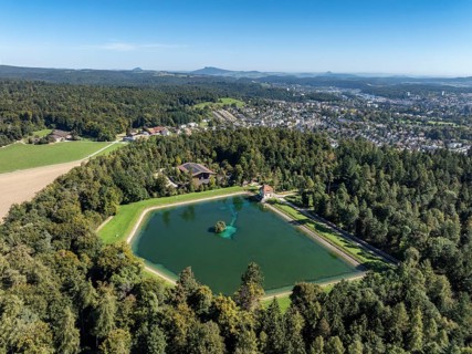 Aerial view of the Engeweiher above Schaffhausen, built in 1907 and the first pumped storage plant