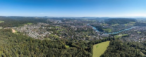 Aerial view, panorama of the city of Schaffhausen with the Rhine, on the horizon the Hegau