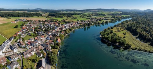 Aerial view, panorama of the municipality and enclave of Büsingen am Hochrhein, Rhine, on the left