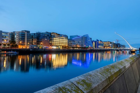 View of the River Liffey and houses on the banks, Dublin, Ireland