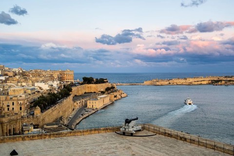 Seafront, amazing view of historic La Valletta with Lower Barrakka gardens, taken from Upper