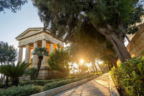 Wonderful neoclassical Monument at Sunrise in Lower Barrakka Gardens, Valletta, Malta