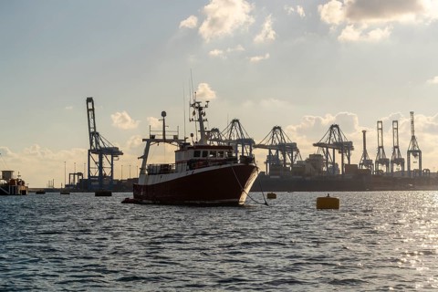 Silhouettes of industrial port with a small boat in the foreground, Marsaxlokk, Malta