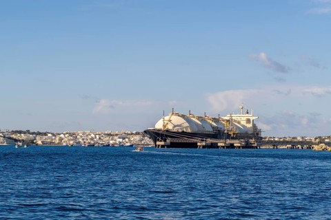 Floating Storage Unit or FSU next to power station by Marsaxlokk, south of Malta