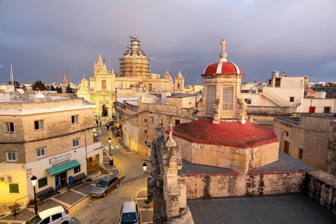 Rabat skyline with St Paul church dome on the left during sunset, Rabat Mdina, Malta