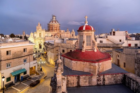 Rabat skyline with St Paul church dome on the left during sunset, Rabat Mdina, Malta
