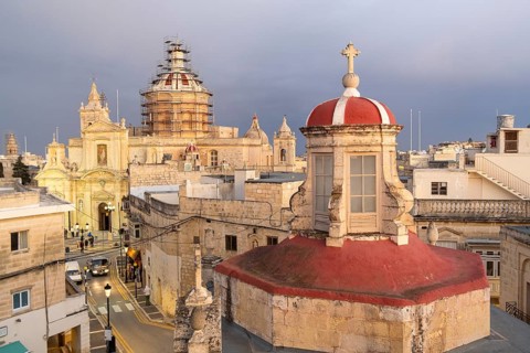 Rabat skyline with St Paul church dome on the left during sunset, Rabat Mdina, Malta