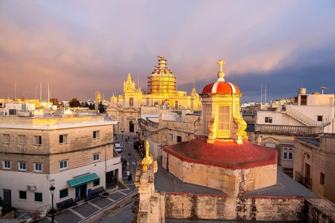 Rabat skyline with St Paul church dome on the left during sunset, Rabat Mdina, Malta