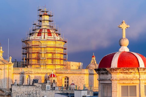 Rabat skyline with St Paul church dome on the left during sunset, Rabat Mdina, Malta