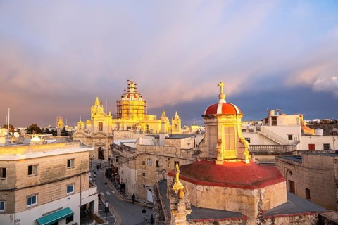 Rabat skyline with St Paul church dome on the left during sunset, Rabat Mdina, Malta